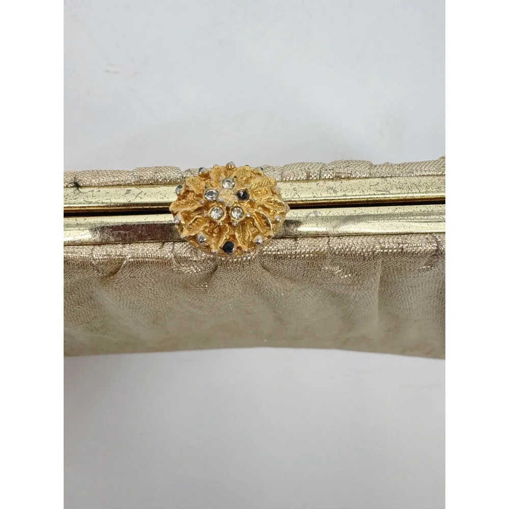 Vintage Gold Metallic‎ Pleated Evening Clutch Bag Rhinestone Clasp Chain Strap